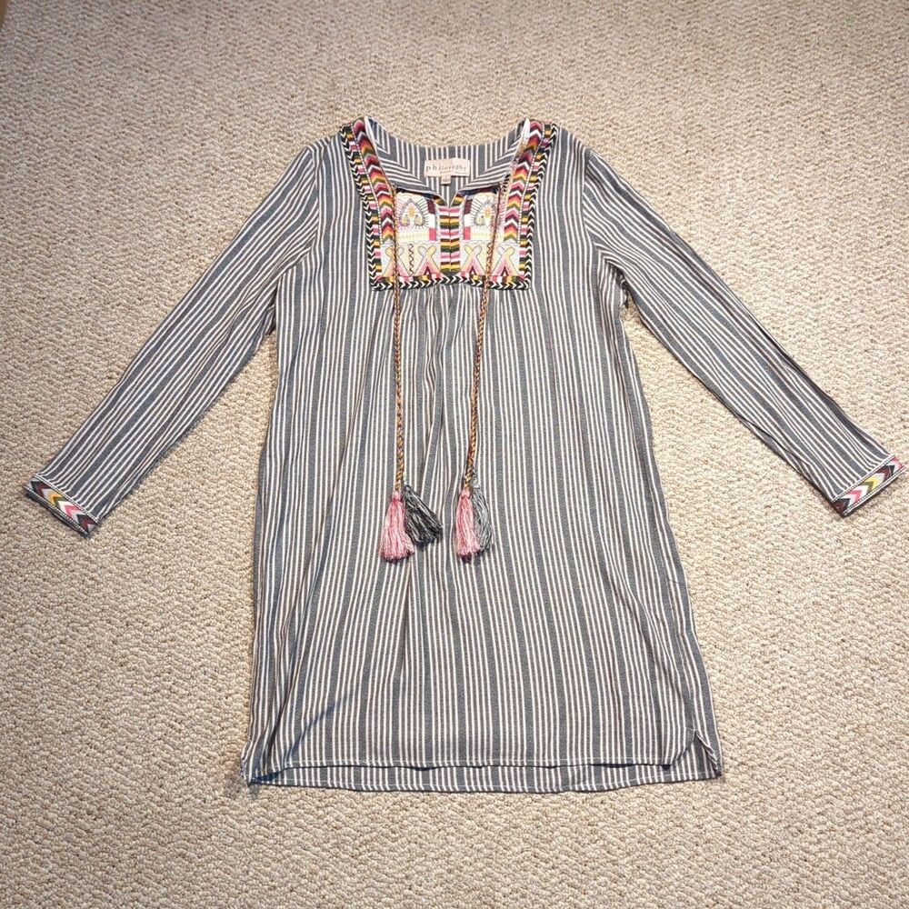 Philosophy Embroidered Boho Tunic Dress Womens Large Stripes Festival Tassels